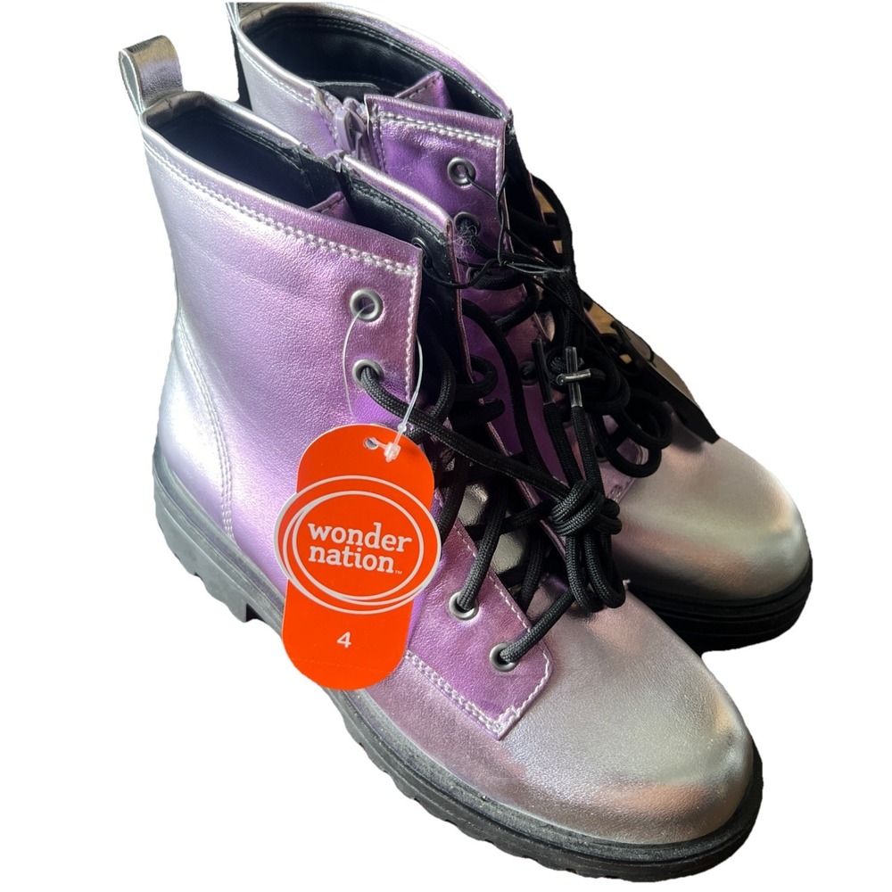 Wonder Nation Metallic Purple Combat Ankle Boots Lace-Up/Zipper Kids US 4